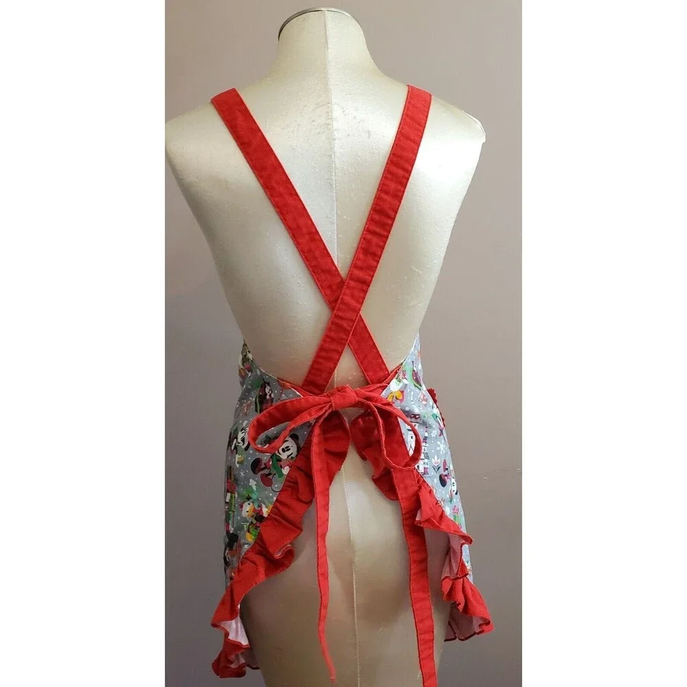 Disney Parks Christmas Apron Red Gray Ruffle Heart Pocket Cross Back Straps Full